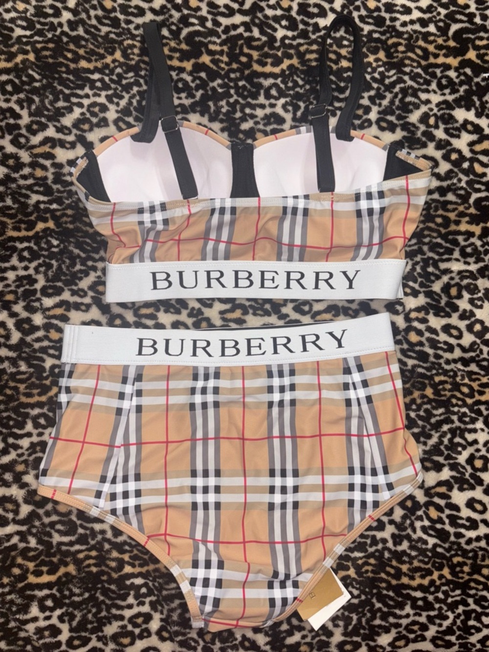 Burberry Logo Elastic Swimsuit Set in Beige, Black and Red Plaid - Picture 2 of 5